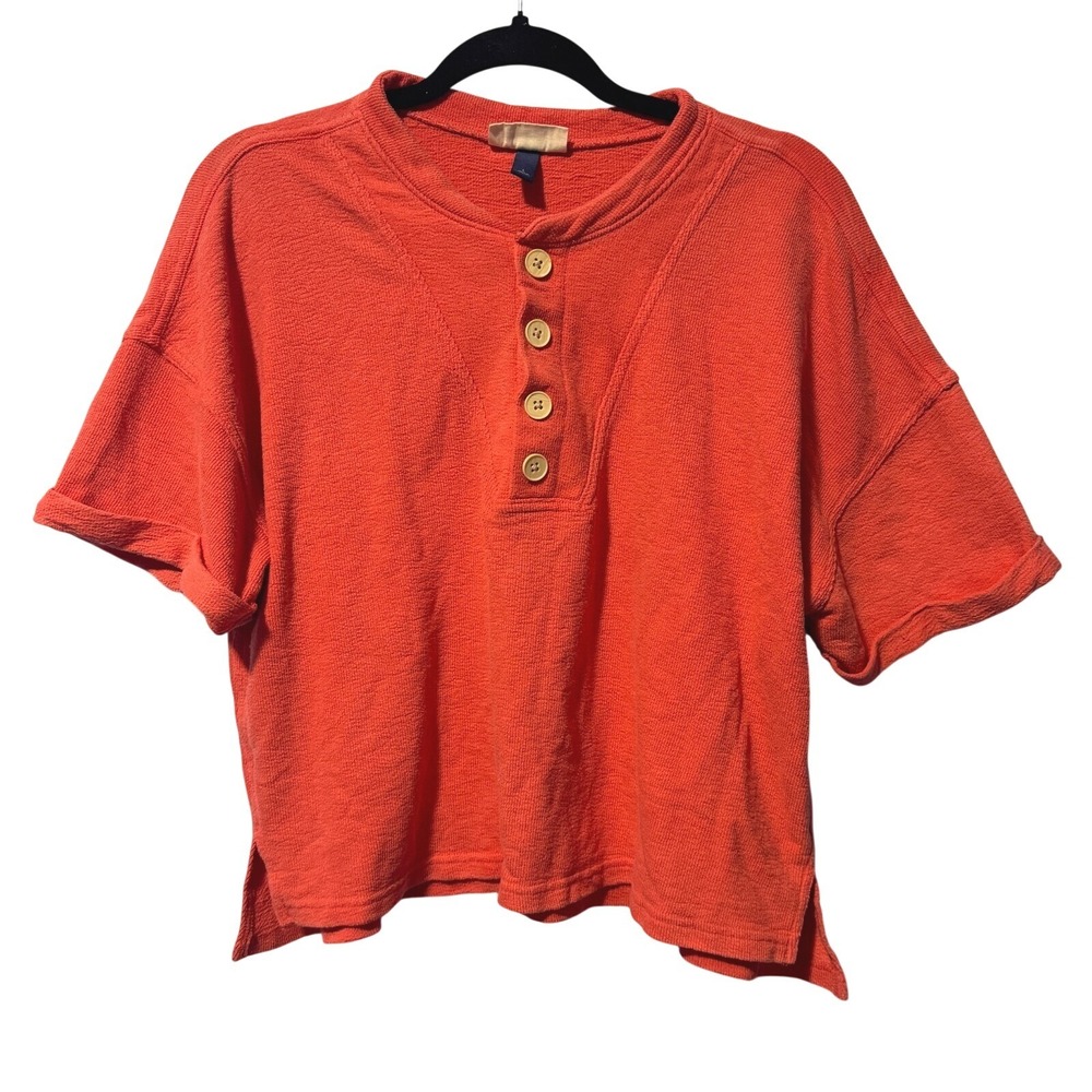 Universal Thread Womens‎ Large Coral Orange Waffle Knit Short Sleeve Henley Top